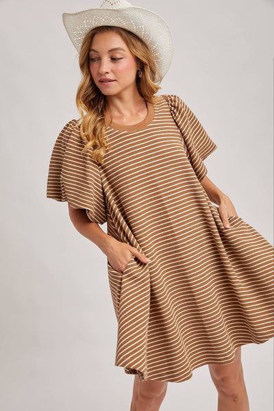 PUFF SLEEVES BILLOWY SILHOUETTE STRIPED DRESS: LATTE