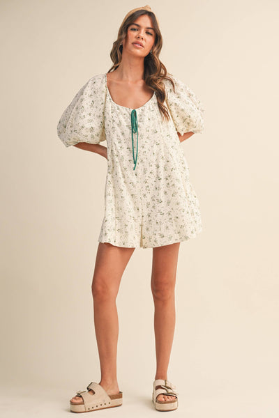 FLORAL SWISS DOT OVERSIZED PUFF SLEEVE ROMPER: CREAM/MINT