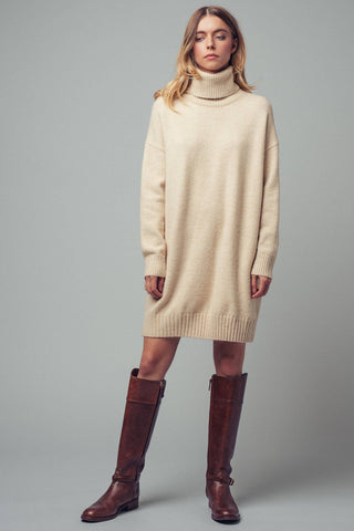 Oversized Turtleneck Ribbed Knit Sweater Dress: OATMEAL