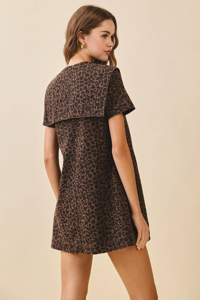 Leopard Wash Oversized Sailor Collar Tied Dress: Brown