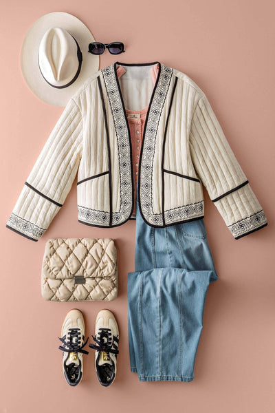 Boho Embroidered Quilted Western Cropped Jacket: BLACK IVORY / S-2/M-2/L-2