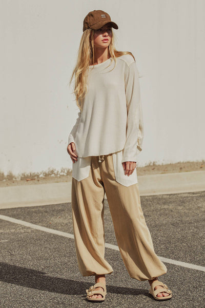 Oversized Waffle Knit High-Low Tunic Top: IVORY / S-M-L:2-2-2