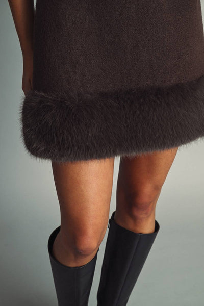 COZY FAUX-FUR TRIMMED  MINI DRESS: BROWN