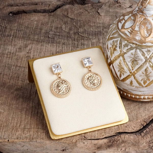 Starlit Relics – Coin & Crystal Drop Earrings: Worn Silver Tone