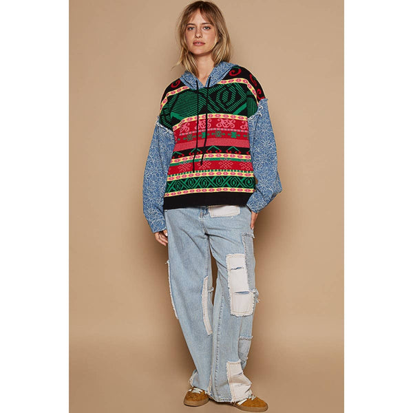 Embroidered patchwork denim sleeve sweater by pol