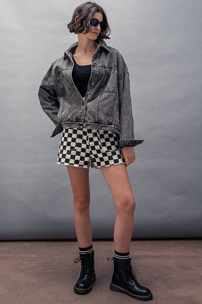 Oversized Button Up Pleated Back Western Jacket: Black