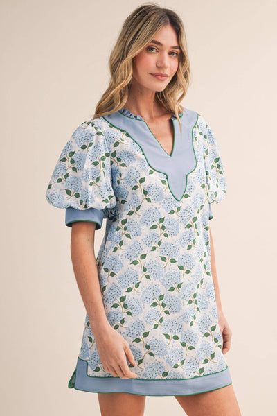FLORAL PRINT PUFF SLEEVE A-LINE MINI DRESS :WHITE BLUE FLORAL