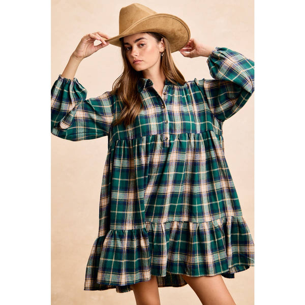 PLAID WOVEN SHRRING BUTTONED TIERED SHIRT DRESS: CAMEL MULTI / XL