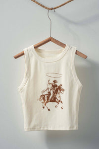 Western Cowboy Graphic Cropped Tank Top: CREAM