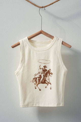 Western Cowboy Graphic Cropped Tank Top: CREAM