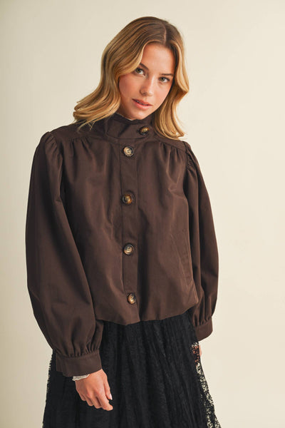 Funnel-Neck Puff-Sleeve Blouson Jacket: DK.BEIGE / L