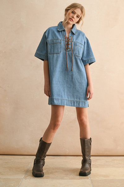 SUEDE LACE UP DENIM SHIRT DRESS: DENIM