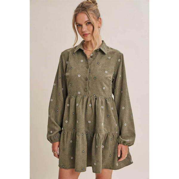 MEADOW MARKET ARTISAN DAISY EMBROIDERED CORDUROY MINI DRESS: OLIVE