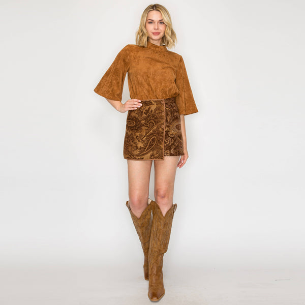 Bell sleeve camel suede top  