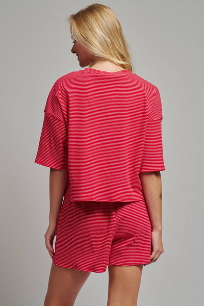 Striped Knit Two-Piece Lounge Set Boxy Tee: RED WHITE / S-M-L:2-2-2