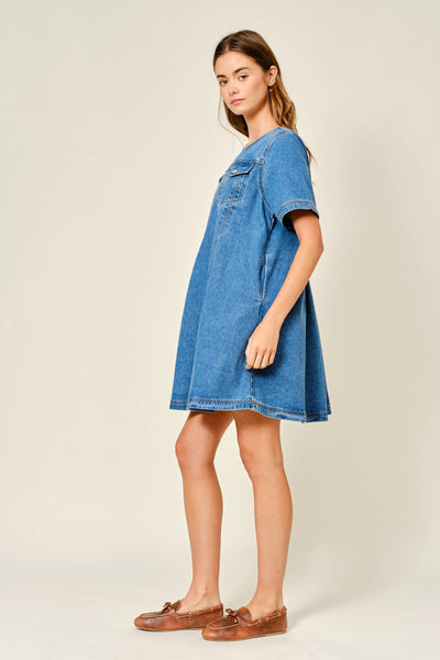 AJD5606 SHORT SLEEVE PLEATED A LINE DENIM DRESS: DENIM / L