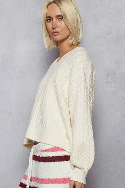 Long sleeve V-neck solid cable knit women sweater top: POWDER CREAM