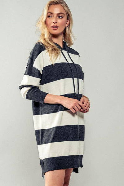 Snug and Striped Hooded Sweater Dress: CHARCOAL / S-2/M-2/L-2
