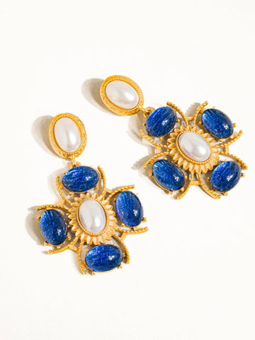 Phoenix 18K Gold Vintage Large Cross Earring: Blue