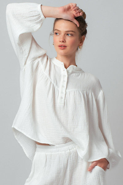 Garment Dyed Cotton Gauze Button Down Top And Shorts Set