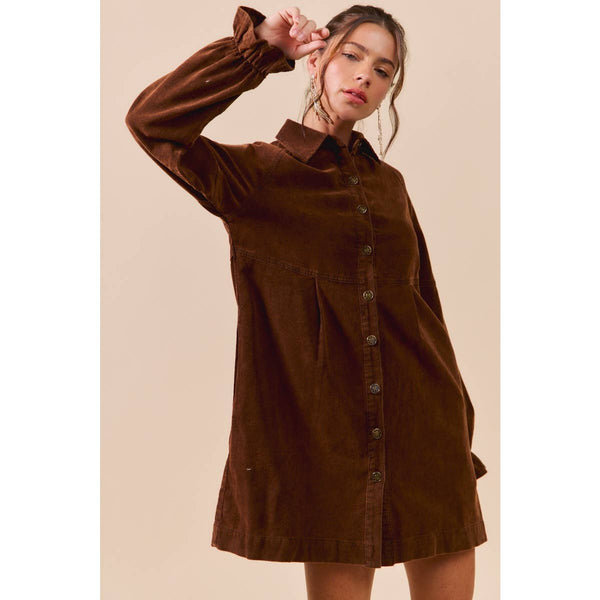 WASHED CORDUROY BUTTON DOWN SHIRT MINI DRESS: BROWN
