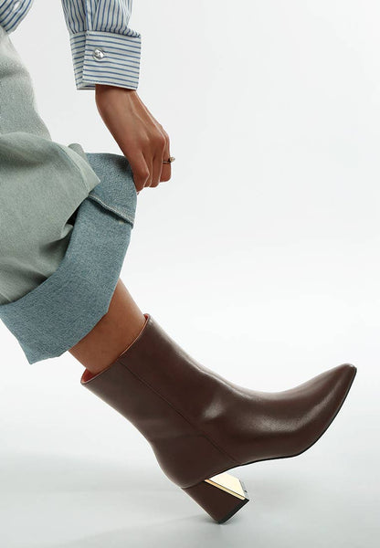 Kaira Metallic Accent Heel High Ankle Boots: Brown