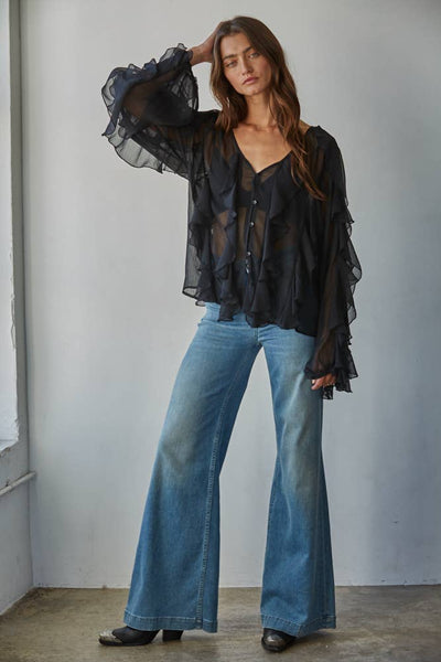 Woven Polyester Ruffled V-Neck Button Down Top: Black