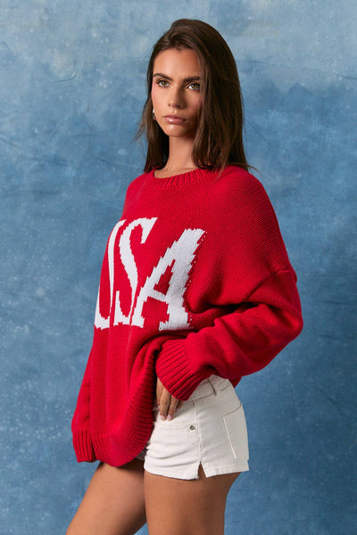 ROUND NECK OVERSIZED SWEATER TOP: RED-BABY BLUE / S