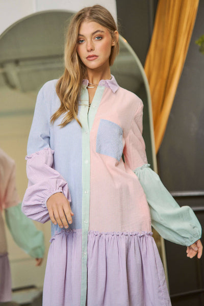 MULTI STRIPE COLOR BLOCK WAIST BALLOON SHIRT DRESS