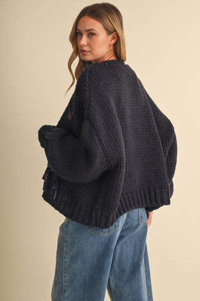 TARTAN PATTERN BRAIDED CHUNKY KNIT CARDIGAN: NAVY