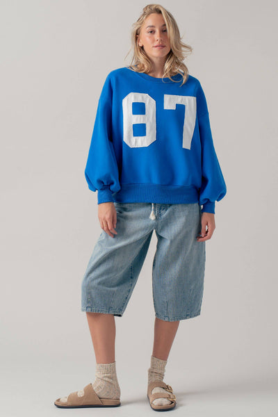 "87" Graphic Balloon Sleeve Oversized Sweatshirt: Blue