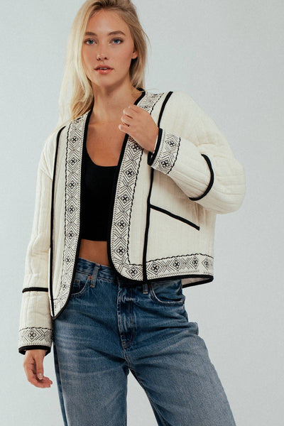 Boho Embroidered Quilted Western Cropped Jacket: BLACK IVORY / S-2/M-2/L-2