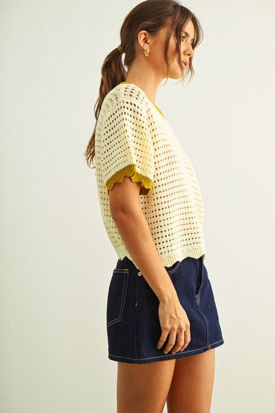 SCALLOPED DETAIL KNITTED TOP: CREAM/SAGE