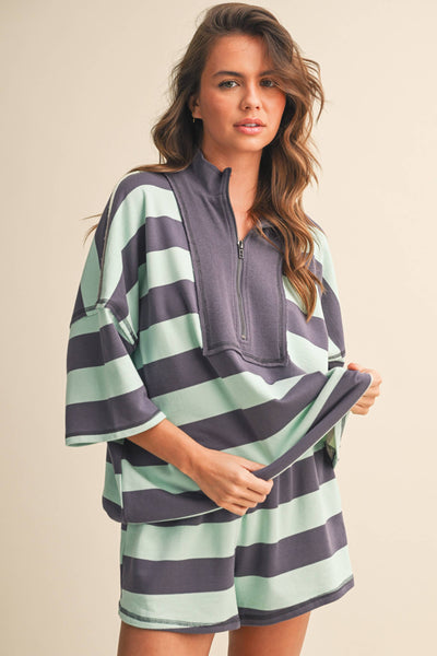 STRIPED HALF ZIP TOP AND SHORTS SET: MINT MULTI