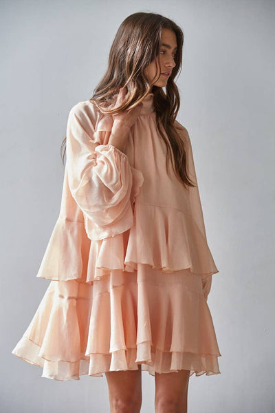 Woven Polyester Chiffon Ruffled Mock Neck Mini : Coral