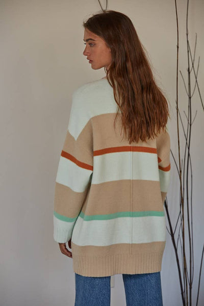 Knit Viscose Polyester Nylon Striped Sweater: Taupe Multi