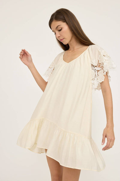 Crochet Lace Sleeve Dress - CREAM