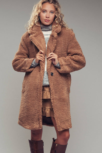 Cozy Longline Notched Lapel Teddy Coat: CAMEL