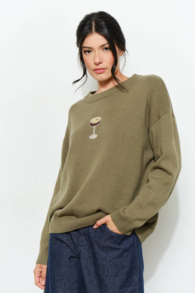 PERRI MARTINI BEADED SWEATER - Cozy, Oversized: Olive