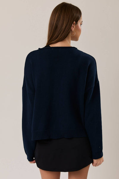 ROUND ROLLED HEMLINE DETAIL THIN SWEATER CARDIGAN: NAVY