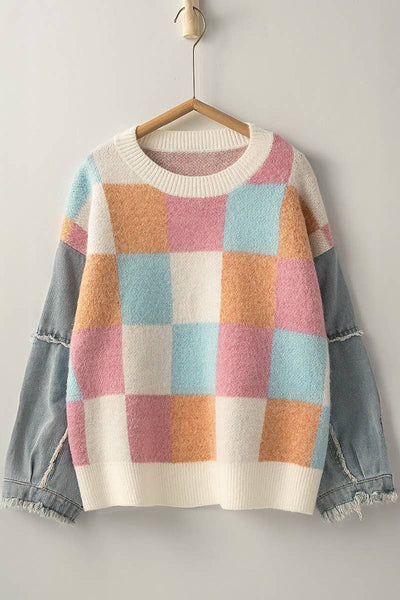 Checkered Knit with Denim Sleeves Crewneck Sweater: PINK COMBO