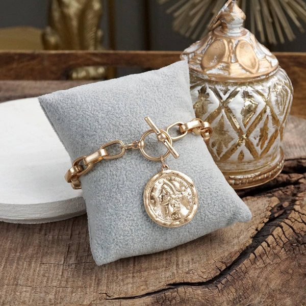 Urban Token – Cable Chain Toggle Bracelet with Coin Charm: Worn Silver Tone