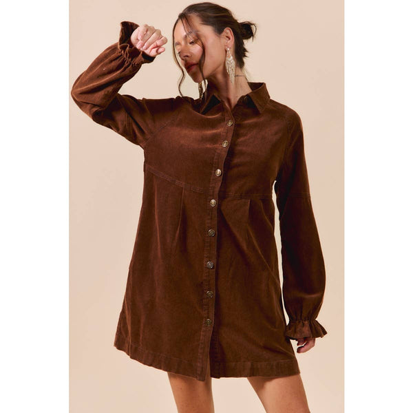 WASHED CORDUROY BUTTON DOWN SHIRT MINI DRESS: BROWN