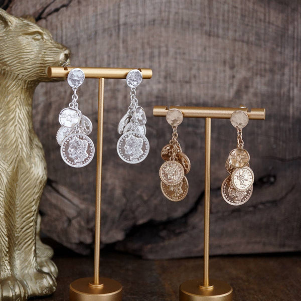 Starlit Relics – Coin Chandelier Statement Earrings: Worn Silver Tone