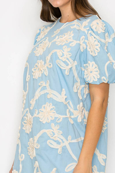 Baby Blue with White Rosette Detail Mini Dress: