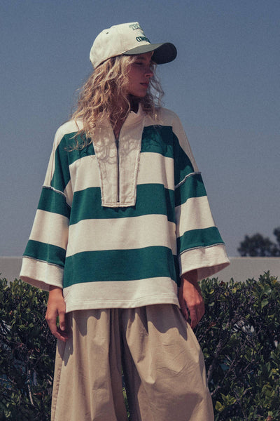 Oversized Half Zip Bold Stripe Statement Pullover Sweatshirt: CREAM GREEN