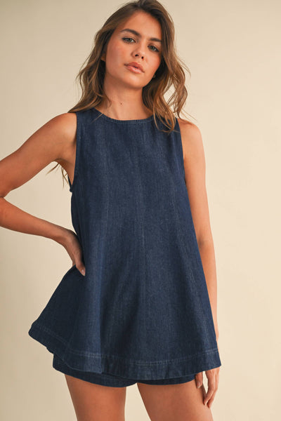 IST6095 DENIM LONGLINE SLEEVELESS TOP AND SHORTS SET: LT DENIM / L