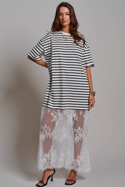 Mixed-Media T-Shirt Dress with Sheer Lace Skirt: Stripe