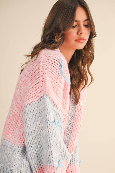 COLORBLOCK RIBBON DETAILED CHUNKY CARDIGAN: Pink
