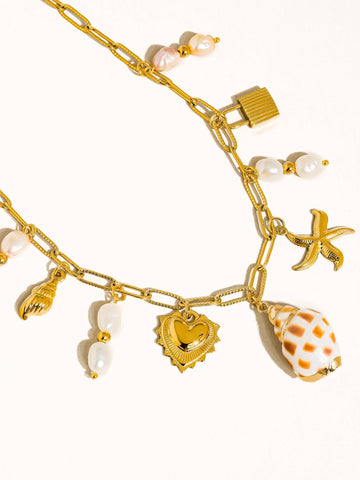 Ophélie 18K Gold Non-Tarnish Shell and Pearl Charm Necklace: Yellow Gold